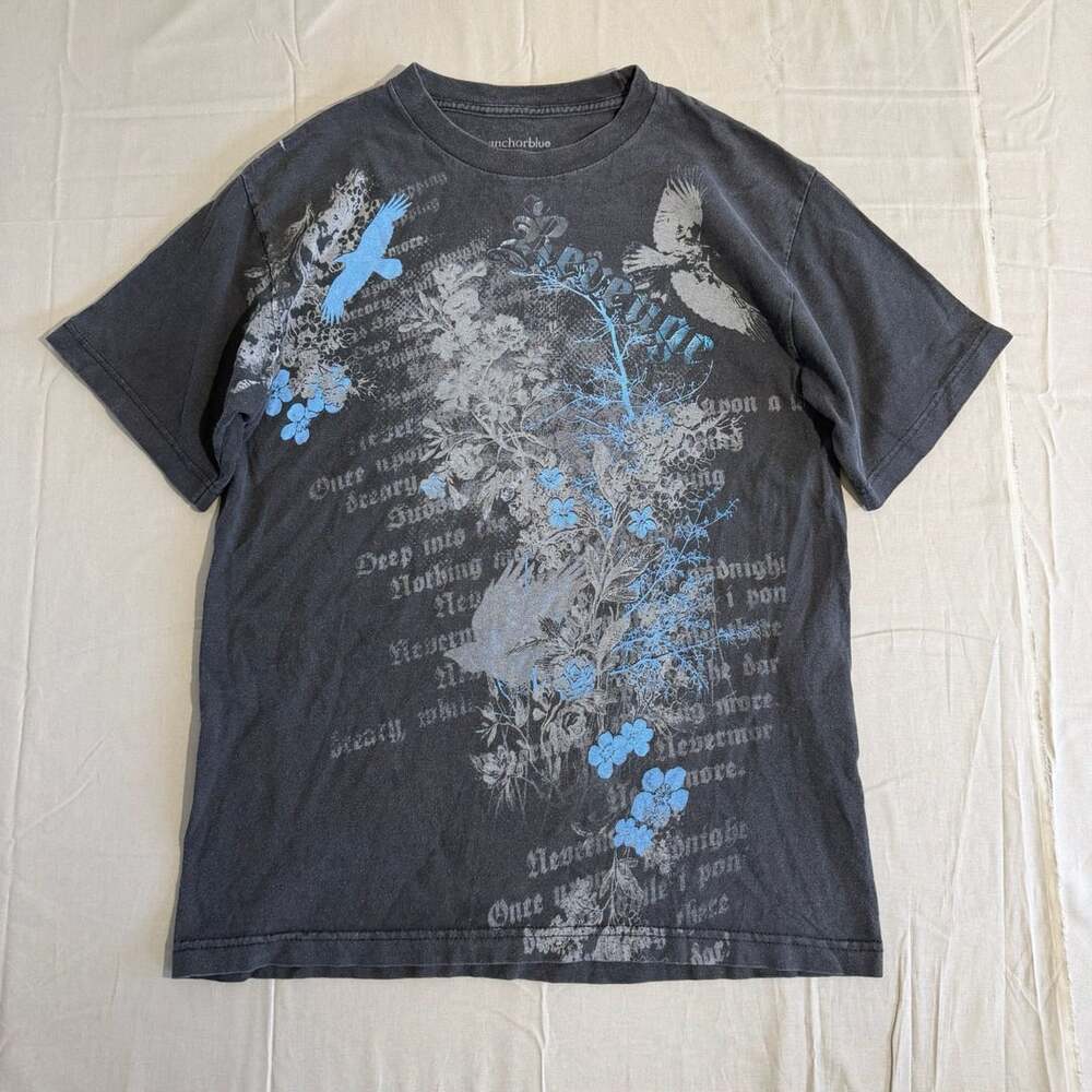 Anchor Blue T-Shirt Size M Black Y2K Cyber Bird Floral